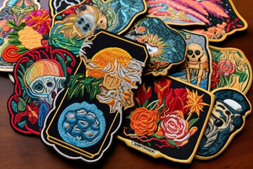 A charming photo capturing a bundle of beautifully embroidered patches along with a needle and thread, denoting the artistry in sewing.