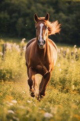 A grassy meadow with a wild horse running. Portrait of a horse in a field against a background of trees. Generative AI.