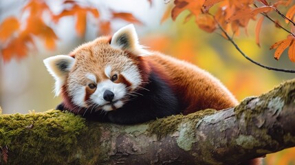 Fototapeta premium cute and cuddly Red Panda snuggled up in a tree - This Red Panda is snuggled up in a tree, showing off its cute and cuddly nature. Generative AI