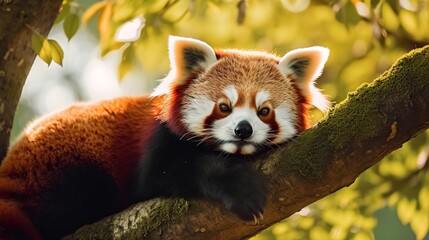  cute and cuddly Red Panda snuggled up in a tree - This Red Panda is snuggled up in a tree, showing off its cute and cuddly nature. Generative AI