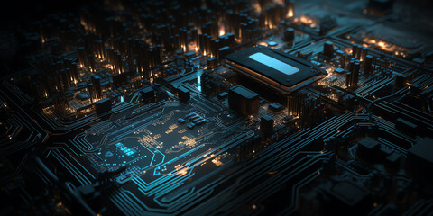 Fototapeta premium Printed circuit board futuristic server/Technology blue bright background of the abstract computer motherboard, technological processes, science, education