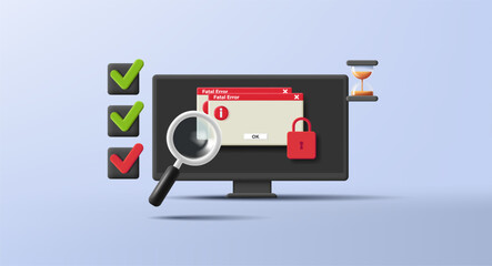3D Vector Conceptual Illustration algorythm of actions when technical problem occures with pc and error screen with to do list check boxes