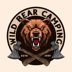 aggressive wild bear camping badge, vintage design