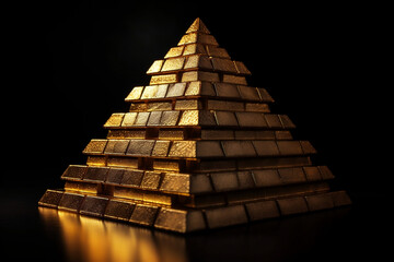A photo showing gold bars stacked in a pyramid shape, set against a dark background, creating a striking visual contrast. - obrazy, fototapety, plakaty