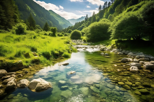 A photo capturing a serene river flowing through a lush green valley, a setting ideal for the activity of gold panning.