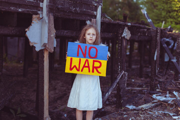 A girl against the background of a destroyed burnt house with a poster in her hands asks to stop the war.