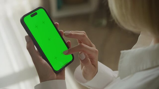 Woman Scroll And Double Tap on Green Screen Smartphone
