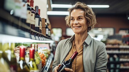 Cheerful beautiful mature woman holding wine bottle while shopping at the supermarket. Generative AI