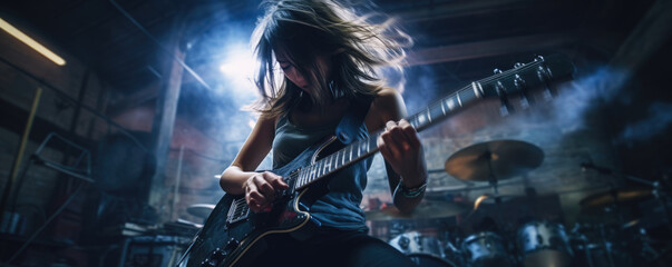 A Female guitar player, soulfully playing a guitar. With some motion blur. A guitarist of a girls band. Hand modified, generative AI.  - obrazy, fototapety, plakaty