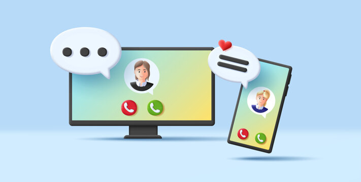 Video call 3d render illustration with computer screen interface and smartphone with avatar and speech bubbles