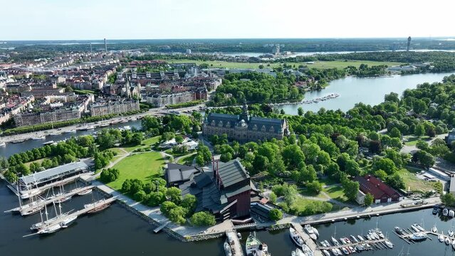 Wide establishing aerial of Nordic Museum, view towards Ostermalm Stockholm in Sweden.