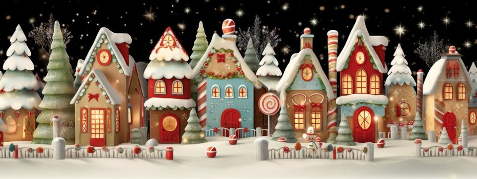 An adorable gingerbread village with cute houses, candy canes, and icing details, evoking a sense of whimsy and sweetness for Christmas web banner. Generative AI