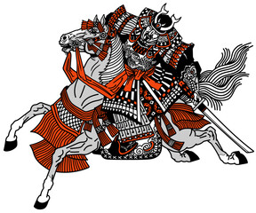 Asian cavalry warrior. Japanese Samurai horseman sitting on horseback, wearing medieval leather armor. Medieval East Asia soldier riding a pony horse in the gallop. Side view. Black grey red vector