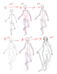 guide on how to draw a sketch of a woman standing in a pose holding a trash can handle