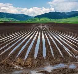 Agriculture ground after rain underwater. Flooded agriculture fields.