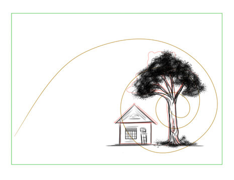 sketch of a house under a large tree with the rules of the Golden Ratio, with a white background