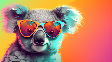 Fototapeta premium ilustração de coala fofo cinza fofo em óculos escuros e camisa colorida contra fundo gradiente brilhante
