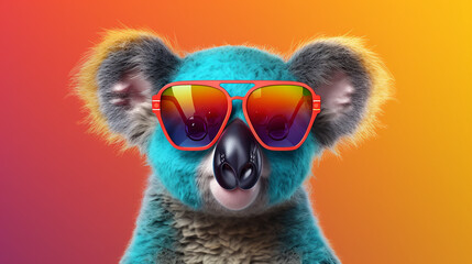 ilustração de coala fofo cinza fofo em óculos escuros e camisa colorida contra fundo gradiente brilhante - obrazy, fototapety, plakaty
