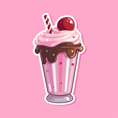 Vector berry milkshake sticker illustration cartoon flat style. Milk shake with whipped cream sweet dessert with cherries
