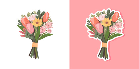 Vector set flowers bouquet. Summer spring bouquet sticker isolated, woman flowers gift, tulips and daisies, vector illustration trendy flat design	
