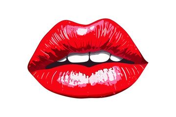 Glossy colored and sexy red lips. Vector illustration isolated on white background. Hot kiss sticker lips with red lipstick