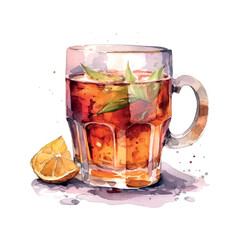 Cold tea lemon summer watercolor in retro style on white background. Natural background.