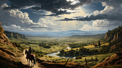 Obraz premium Generative ai illustration of horseman on top of a hill, detailed, path up the hill, vast landscape