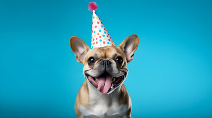 Smiling dog wearing birthday cap on blue background created with Generative AI