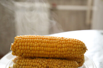 hot boiled corn steam comes out of it