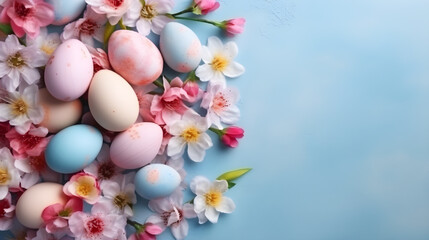 Fototapeta na wymiar Different color of easter eggs with different flower on blue background created with Generative AI