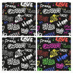 Street graffiti seamless pattern. Vector set of urban typography art graffiti lettering, spray effect, signs, tags, grunge font. Paint art with drips, splashes and blobs for print, web, textile