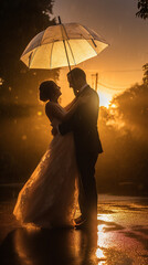 silhueta de um casal de noivos dançando na chuva, com golden hour ao fundo