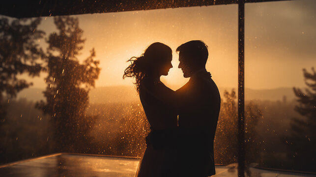 silhueta de um casal de noivos dan&ccedil;ando na chuva, com golden hour ao fundo