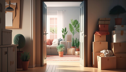 Cardboard Boxes Full of Belongings in a Cozy Living Room of a Newly Owned Home - ai generated