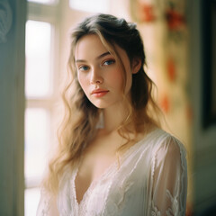 Portrait of a young beautiful bride in a lace wedding dress with loose hair style