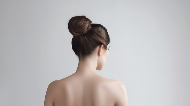 Mulher com penteado de coque em fundo cinza. Costas, ombros e pesco&ccedil;o nus. Vista traseira, fundo branco