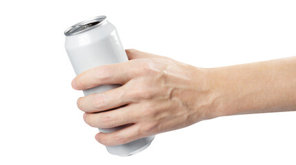 Hand holding white aluminium can, cut out