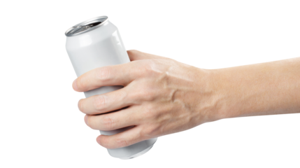 Hand holding white aluminium can, cut out