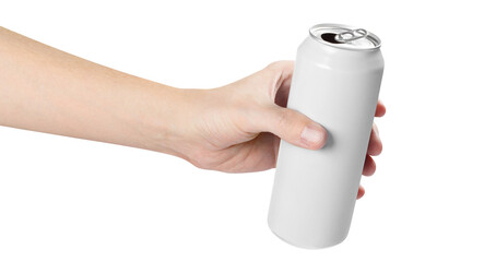 Hand holding white aluminium can, cut out