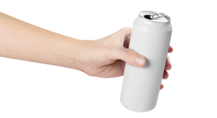 Hand holding white aluminium can, cut out