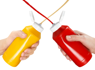 Two hands squeezing ketchup and mustard out of plastic bottles, cut out