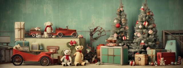 Vintage-inspired Christmas decorations like retro baubles, antique toys, and old-fashioned ornaments, infusing web banners with nostalgic charm and timeless appeal. Generative AI