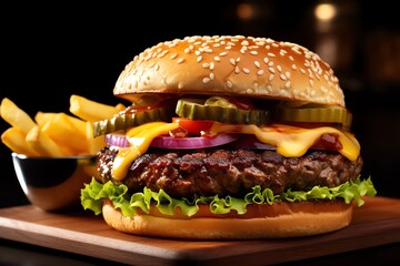 Tasty burger with beacon cheeseburger close-up on a rustic wooden board. Generative AI