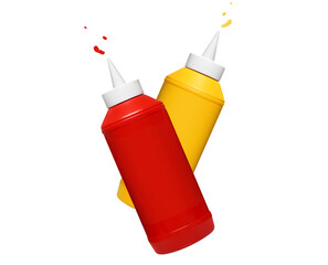 Flying ketchup and mustard plastic bottles, cut out
