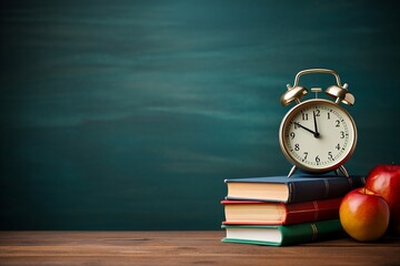 Back to School Background: Books, Alarm Clock, and Chalkboard. AI