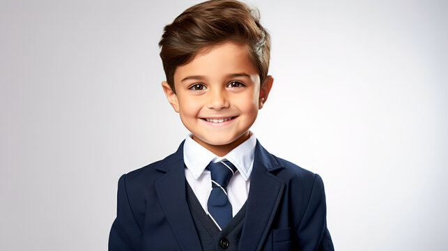 Portrait of a happy little schoolboy in a bold school kit uniform outfit