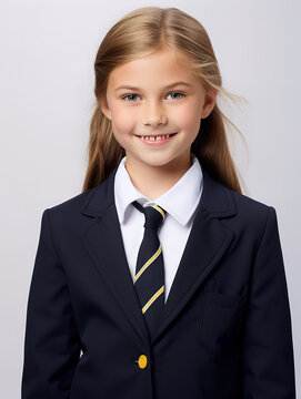 Portrait of a happy little schoolgirl in a bold school kit uniform outfit