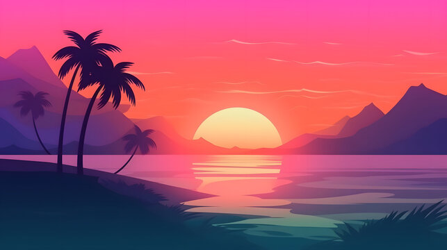 generic low-fi synthvawe gradient sunset landscape in neon colors, neural network generated image