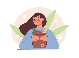 Female vector character in glasses collect donations for volunteer organization. Charitable activities to support needy. Social active youth. Color illustration in flat style