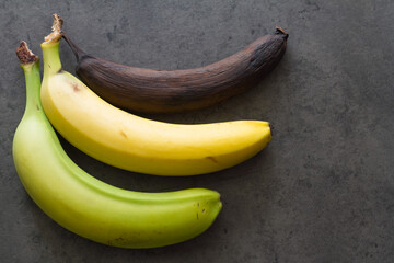 Green, yellow and brown banana on dark background, three level of ripeness of bananas, concept